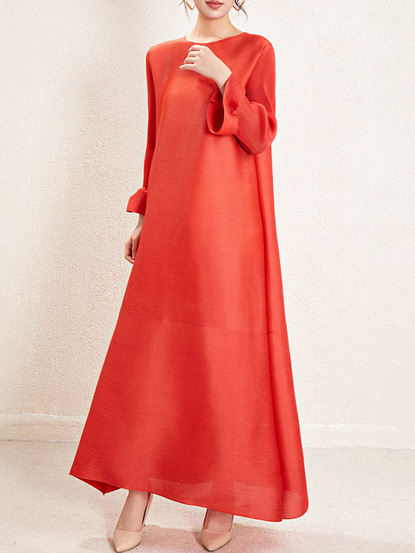 Pleated Solid Color A-Line Loose Round-Neck Maxi Dresses