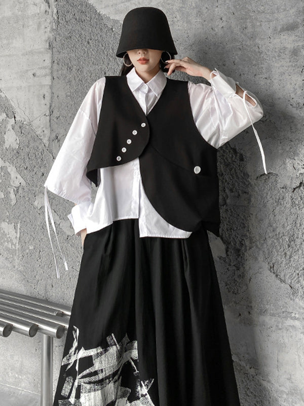 Original Loose Lace-Up Hollow Sleeve Blouse+Black Vest+Wide Leg Pants Culotte Three Pieces Set