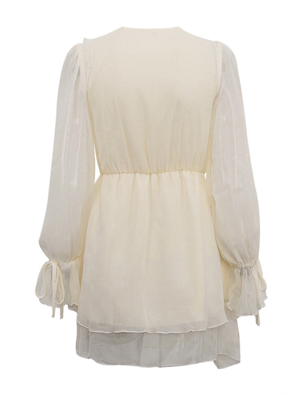 Ruffle Trim Solid Color Tied A-Line High Waisted V-Neck Mini Dresses