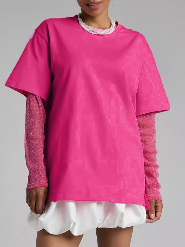 See-Through Split-Joint Sun Protection False Two Loose Round-Neck T-Shirts