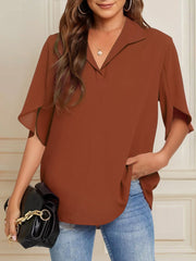 Pleated Solid Color Flared Sleeves Loose Lapel Blouses&shirts Tops
