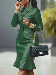 Buttoned Elasticity Ruffle Trim Solid Color Split-Joint Bodycon Long Sleeves Lapel Midi Dresses