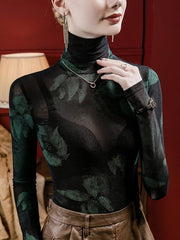 Flower Print See-Through Long Sleeves Plus Size High Neck T-Shirts Tops