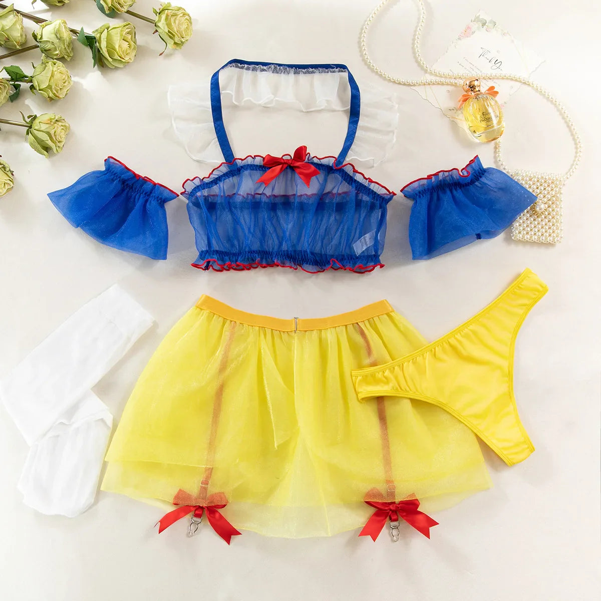 5 Piece Set Halter Maid See Through Uniform Seduction With Stockings