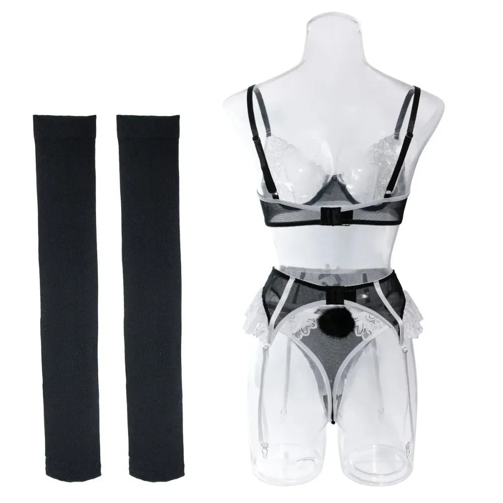 5 Piece Set Erotic Western Style Lace Patchwork Mesh Featuring Sensual See Through Alluring Exquisite Lingerie Set
