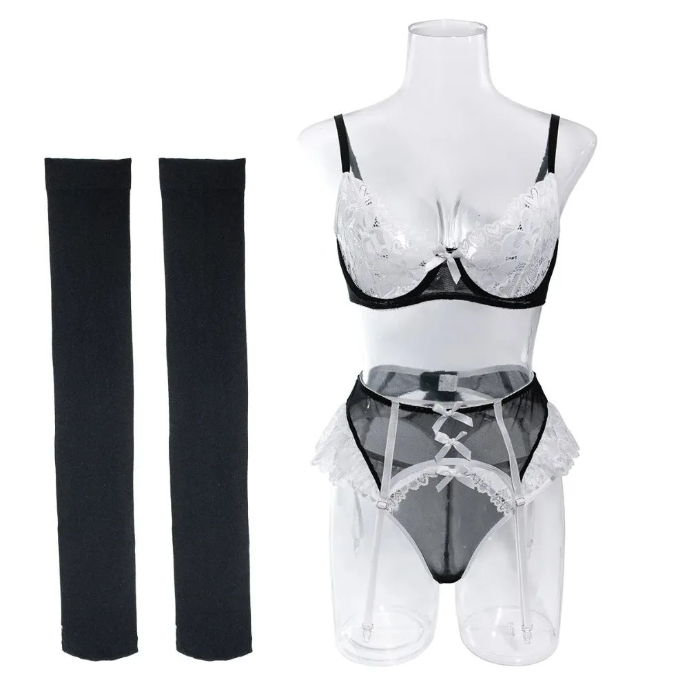 5 Piece Set Erotic Western Style Lace Patchwork Mesh Featuring Sensual See Through Alluring Exquisite Lingerie Set
