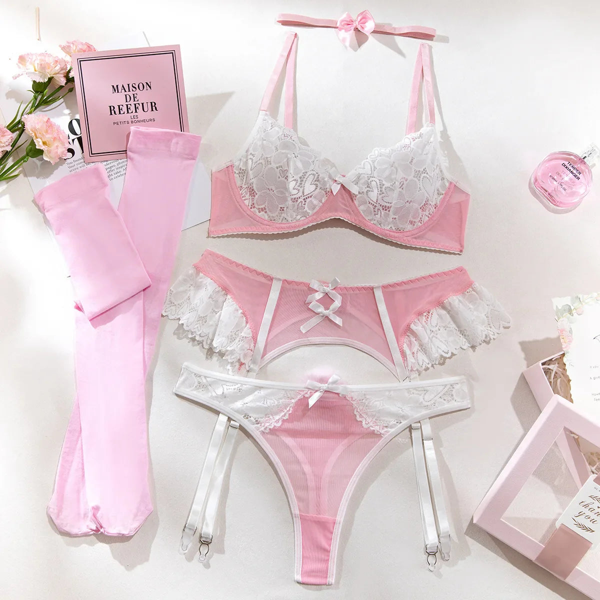 5 Piece Set Erotic Western Style Lace Patchwork Mesh Featuring Sensual See Through Alluring Exquisite Lingerie Set