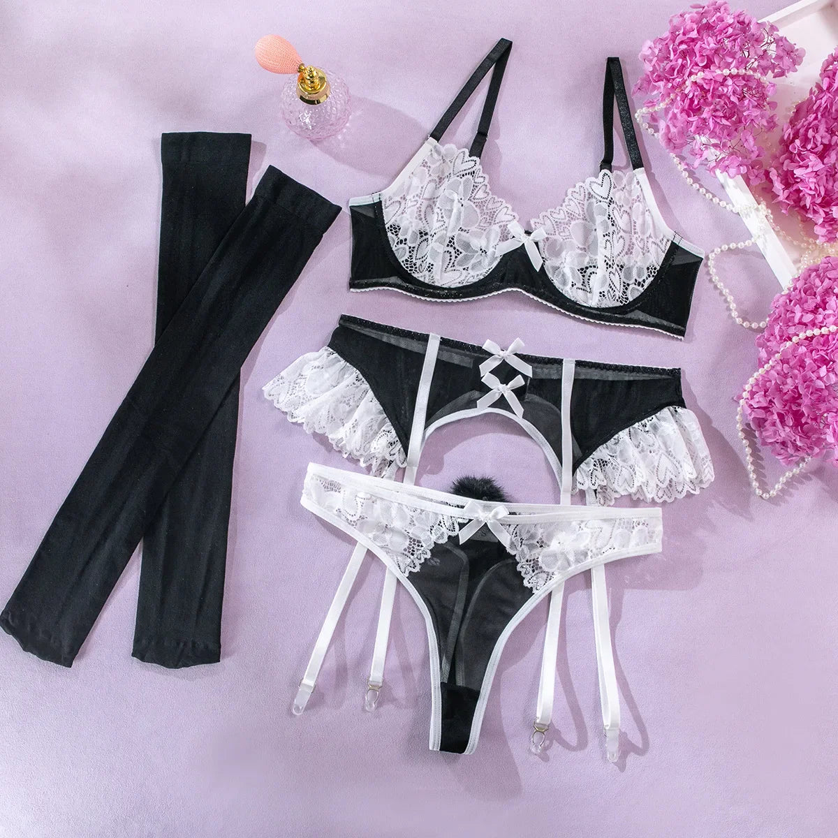 5 Piece Set Erotic Western Style Lace Patchwork Mesh Featuring Sensual See Through Alluring Exquisite Lingerie Set