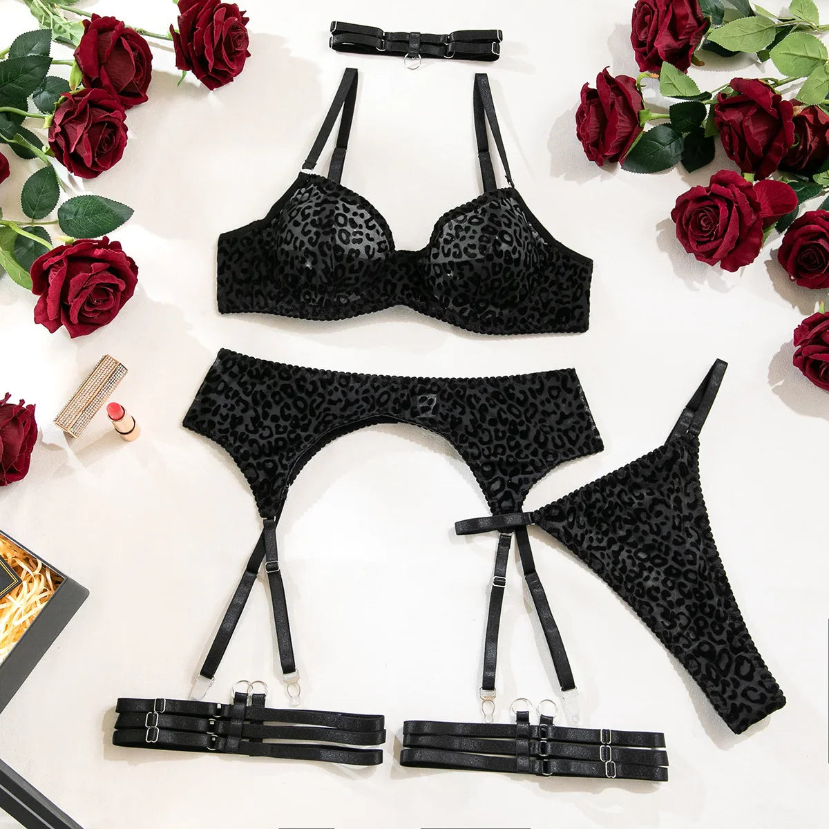 5-Piece Suits Underwear Suit Mesh Leopard Print Lingeries Perspective Bra Exotic Bra Thong Set