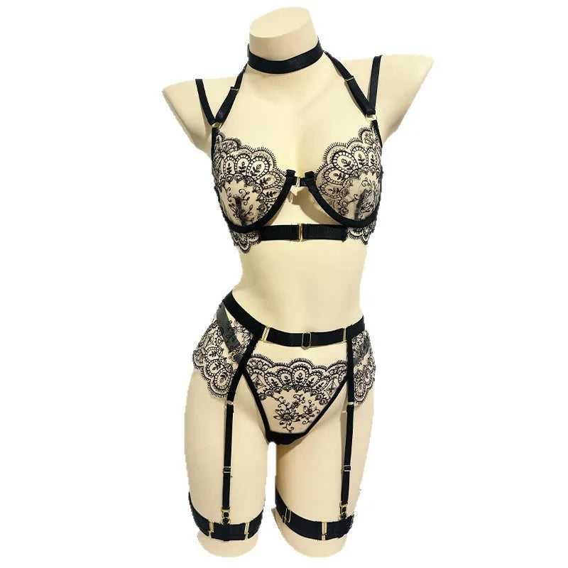 5 Pieces Embroidery Metal Front Buckle Hollow Out Bra