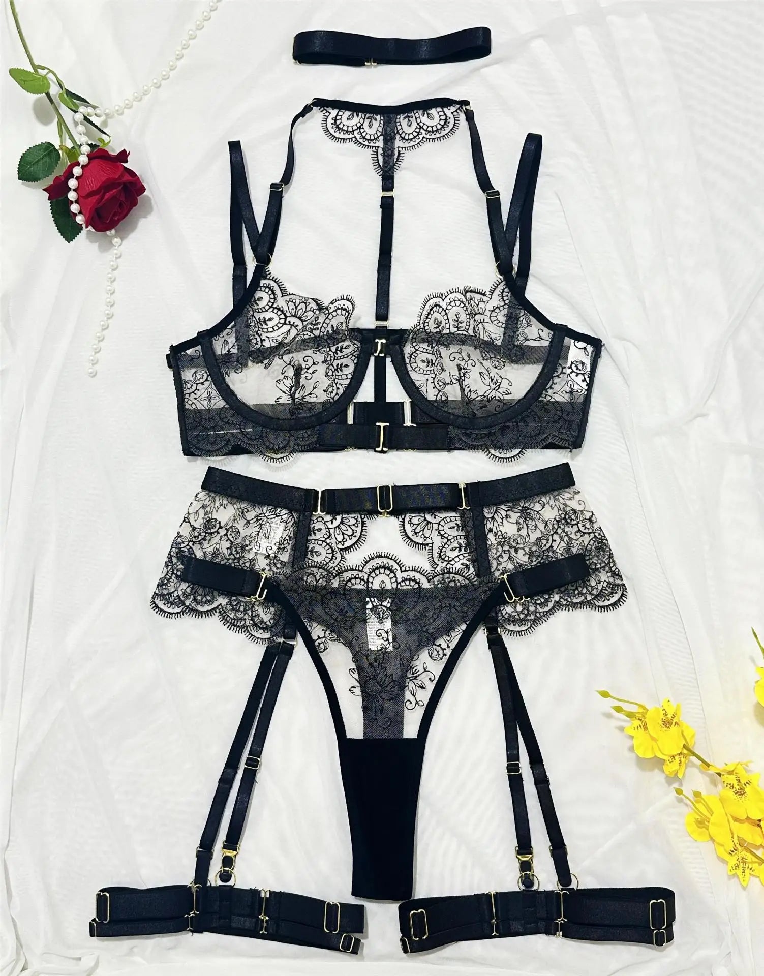 5 Pieces Embroidery Metal Front Buckle Hollow Out Bra