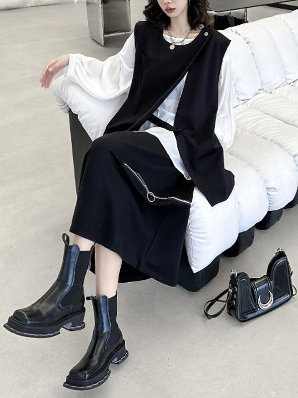 Asymmetric Zipper Loose Sleeveless Round-Neck Vest Top