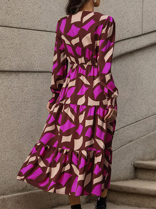 Buttoned Elasticity Pleated Printed Split-Joint Tied Waist A-Line Long Sleeves V-Neck Midi Dresses