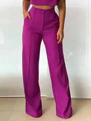 Solid Color Loose V-Neck Vest Top + High Waisted Pants Bottom Two Pieces Set