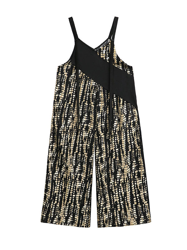 Asymmetric Contrast Color Printed Split-Joint Loose Sleeveless Spaghetti-Neck Overalls