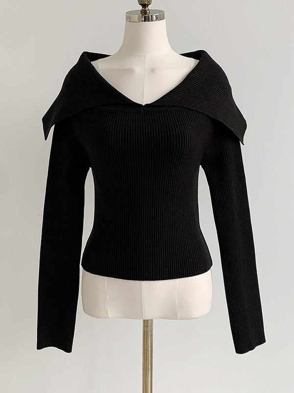 Solid Color Long Sleeves Skinny Lapel Sweater Tops Pullovers Knitted Hats
