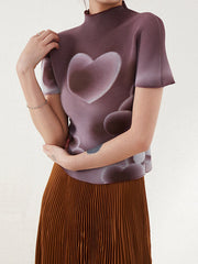Heart Shape Pleated Short Sleeves Mock Neck T-Shirts Tops