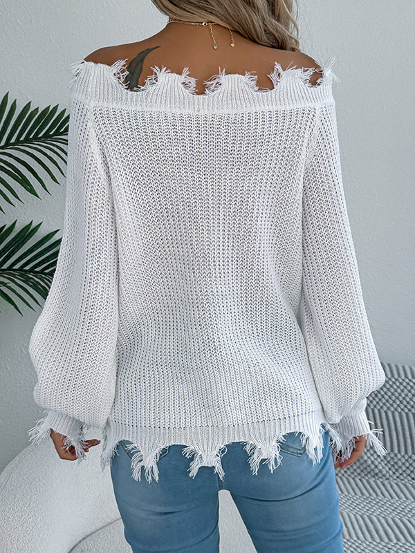 Hollow Knitted Leaves Ribbed Knit See-Through Solid Color Long Sleeves Off-The-Shoulder Sweater Tops