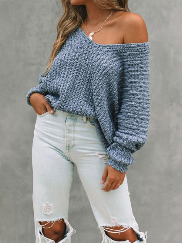 Solid Color Long Sleeves Loose V-Neck Sweater Tops Pullovers Knitwear