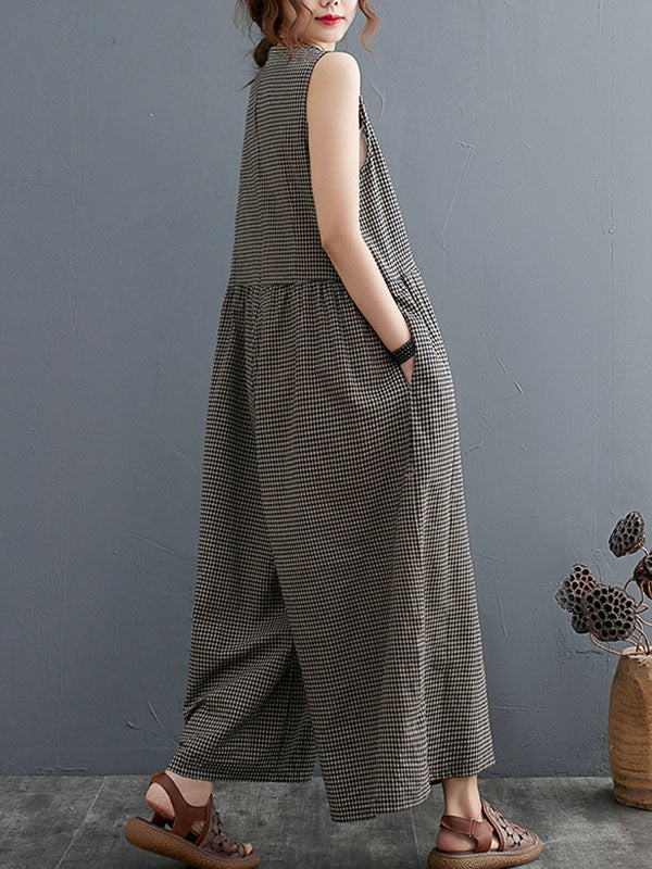 Plaid Split-Joint Loose Sleeveless Round-neck Jumpsuits
