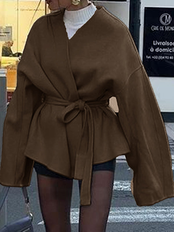 Solid Color Tied Waist Long Sleeves Loose V-Neck Outerwear