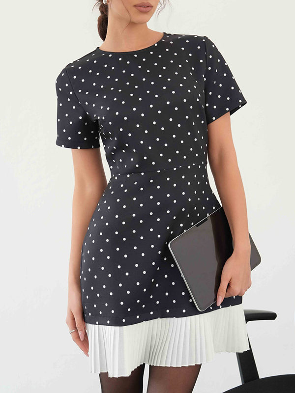 Pleated Polka-Dot Split-Joint A-Line High Waisted Round-Neck Mini Dresses