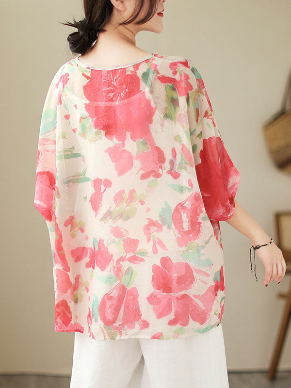 Floral Printed Loose Short Sleeves Round-neck T-shirts