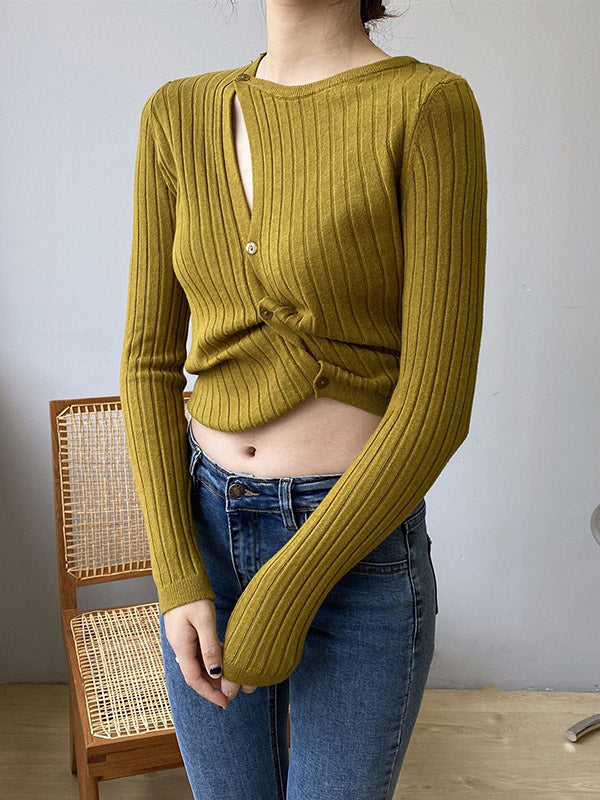 Asymmetric Solid Color Round-Neck Sweater Top