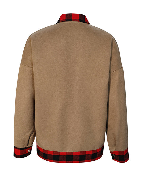 Buttoned Plaid Pockets Split-Joint Long Sleeves Loose Lapel Woolen Coat
