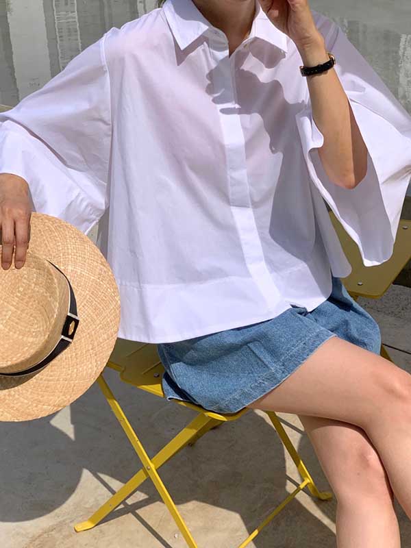 Buttoned Pleated Solid Color A-Line Flared Sleeves Lapel Blouses&Shirts Tops