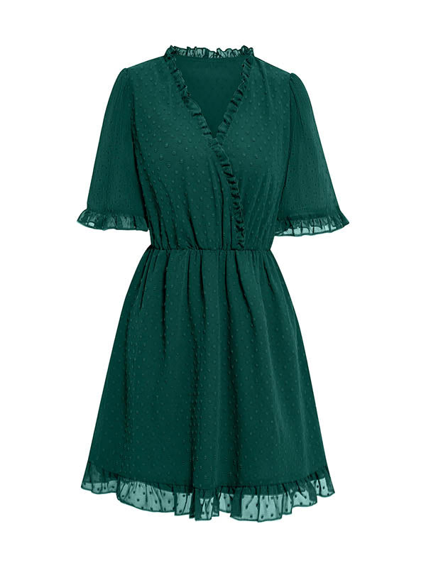 Jacquard Ruffled Solid Color A-Line Loose V-Neck Mini Dresses