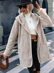 Simple Long Sleeves Loose Solid Color Zipper Plush Hooded Outerwear