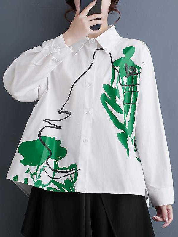 Buttoned Printed High-Low Long Sleeves Lapel Blouses&Shirts Tops