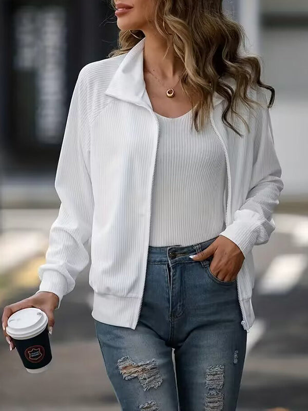 Solid Color Zipper Long Sleeves Loose Lapel Outerwear
