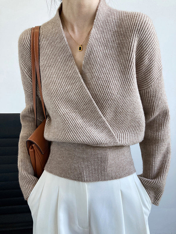 Casual Long Sleeves Loose Solid Color Cross V-Neck Sweater Tops