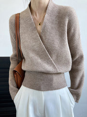 Casual Long Sleeves Loose Solid Color Cross V-Neck Sweater Tops
