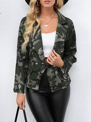 Buttoned Camouflage Pockets Long Sleeves Loose Notched Collar Outerwear Blazer