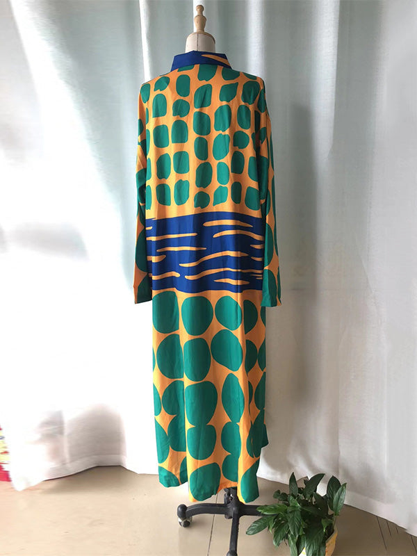 Buttoned Printed Long Sleeves Loose Lapel Shirt Dress Maxi Dresses
