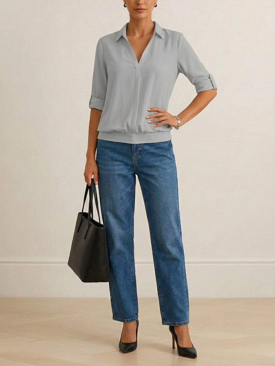Solid Color Split-Joint Half Sleeves Lapel Blouses&shirts Tops