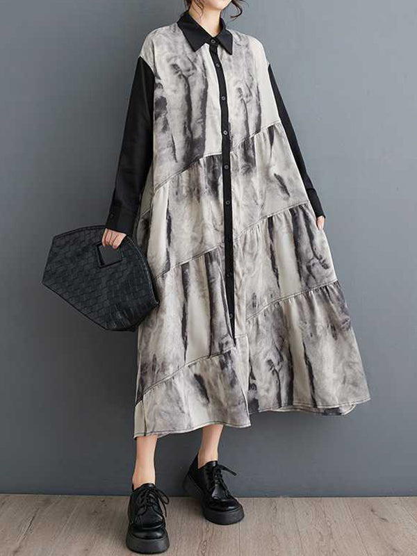 Buttoned Printed Split-Joint Wash Painting A-line Long Sleeves Lapel Shirt Dress Midi Dresses