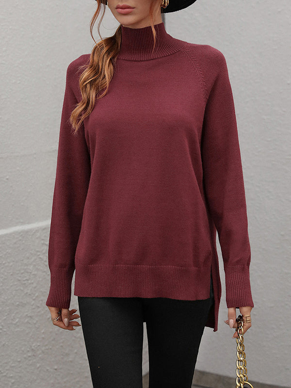 Solid Color Split-Side High-Low Long Sleeves High Neck Sweater Tops Pullovers