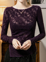 Hollow See-Through Solid Color Split-Side Long Sleeves Plus Size Round-Neck T-Shirts Tops