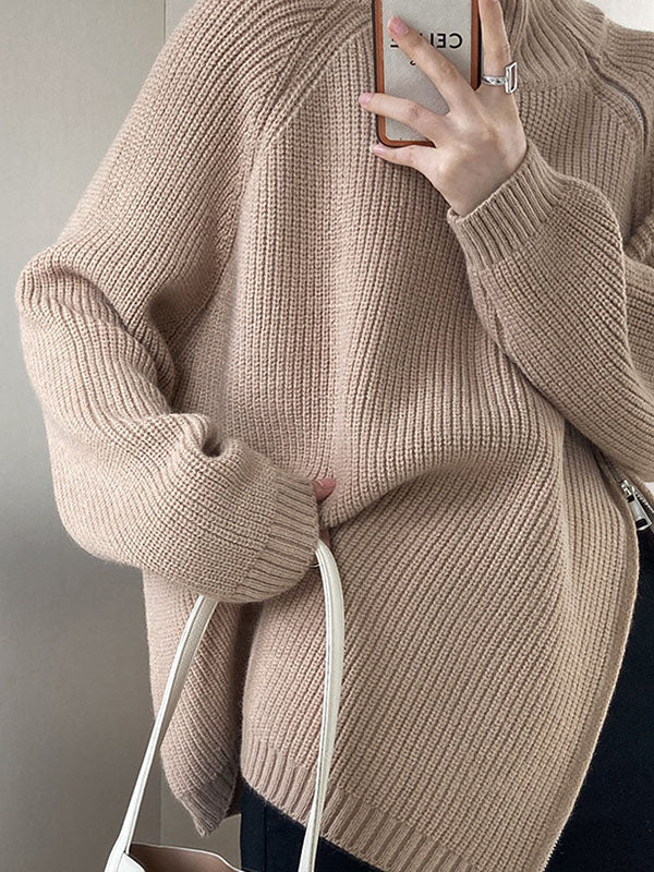 Urban Loose Long Sleeves Split-Side Solid Color Zipper Halter-Neck Sweater Tops