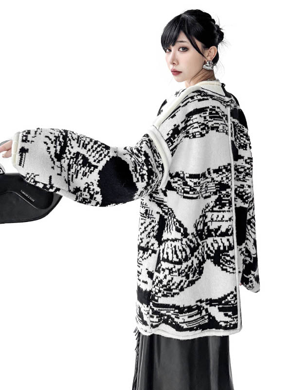 Abstract Printed Buttoned Contrast Color Pockets Split-Joint Long Sleeves Loose Collarless Outerwear Cardigan Tops