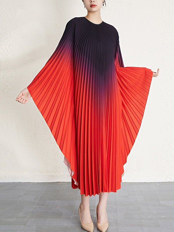 Gradient Pleated Batwing Sleeves Loose Round-Neck Midi Dresses