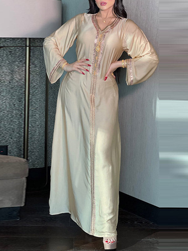 Muslim Rhine Stones Long Sleeves Loose V-Neck Robes Maxi Dresses