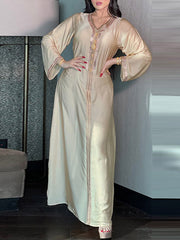 Muslim Rhine Stones Long Sleeves Loose V-Neck Robes Maxi Dresses