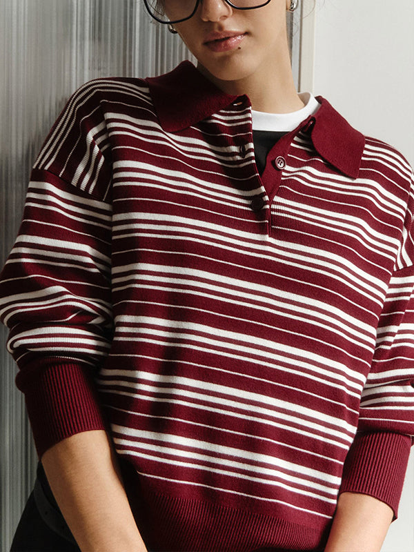 Split-Joint Striped Long Sleeves Lapel Sweater Tops