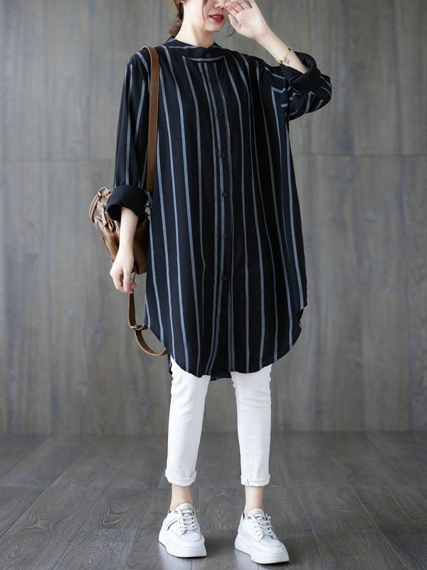 Buttoned Striped Long Sleeves Loose Blouses&Shirts Tops