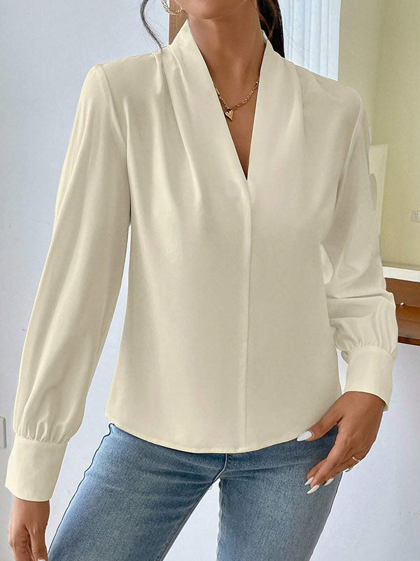 Pleated Solid Color Split-Joint Long Sleeves Loose V-Neck Blouses&Shirts Tops